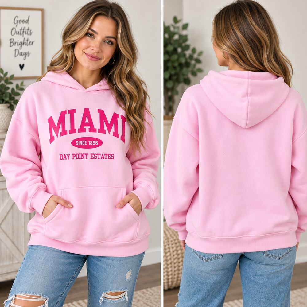SHEIN Womens XL Pink Miami Hoodie Sweatshirt Bay Point Estates NEW Preppy